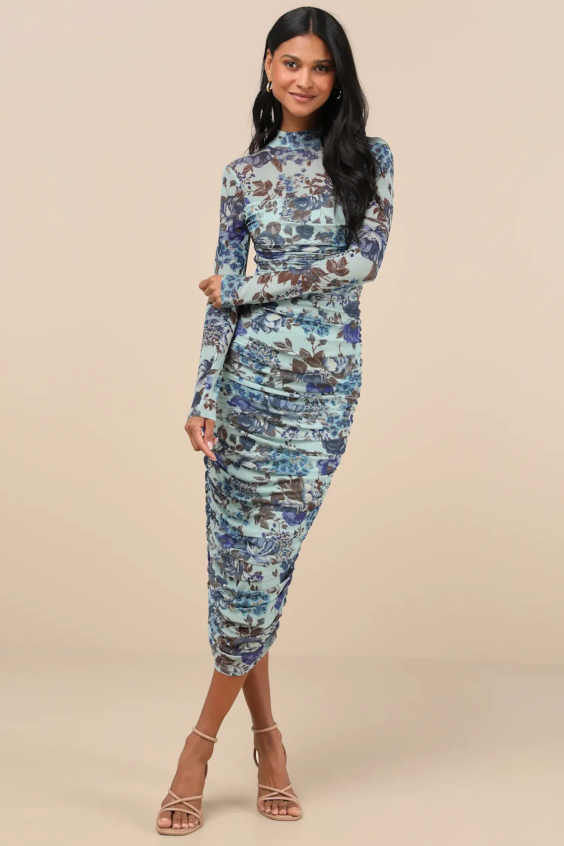 Impressive Flirt Blue Floral Mesh Ruched Mock Neck Midi Dress | Lulus