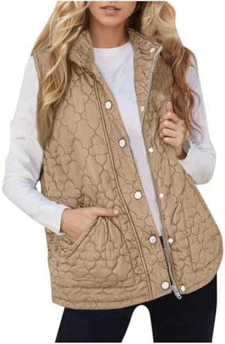 Puffer Vest for Women Quilted Stand Collar Zip Up Snap Button Coat Winter Trendy Puffy Sleeveless... | Amazon (US)