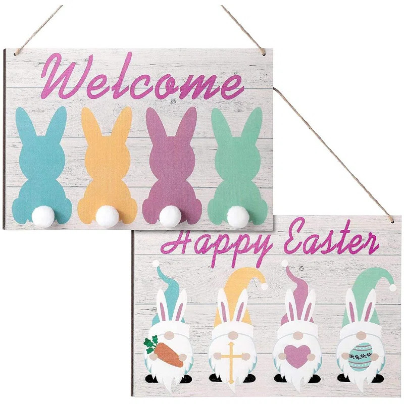 Alizae Gnome Bunny Eggs Happy Easter and Welcome 2 Piece Hanging Sign Set | Wayfair North America