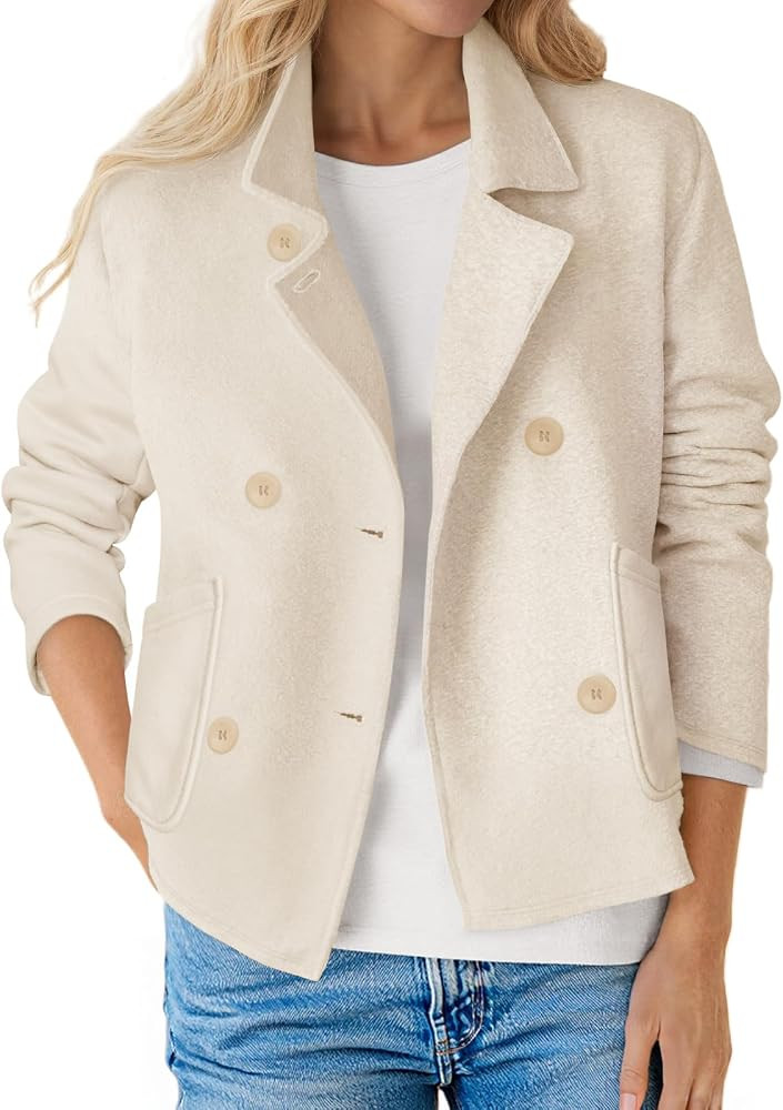 Fisoew Women Cropped Blazers Double Breasted Button Business Blazer Jacket | Amazon (US)