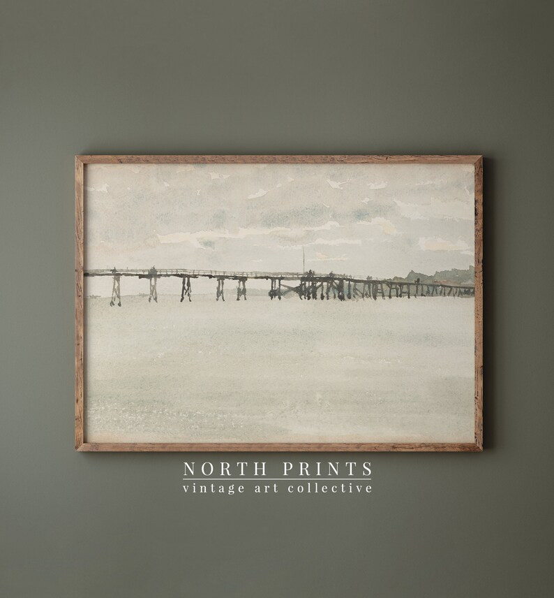 Vintage Pier Beach Painting  Muted Ocean Watercolor Print - Etsy | Etsy (US)