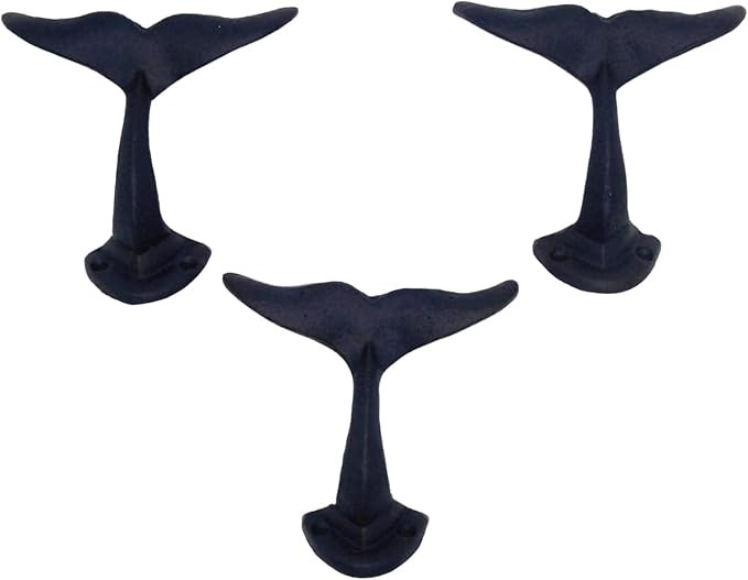 Rustic Dark Blue Cast Iron Whale Tail Wall Hooks, 4 1/2 Inches, Set of 3 | Amazon (US)