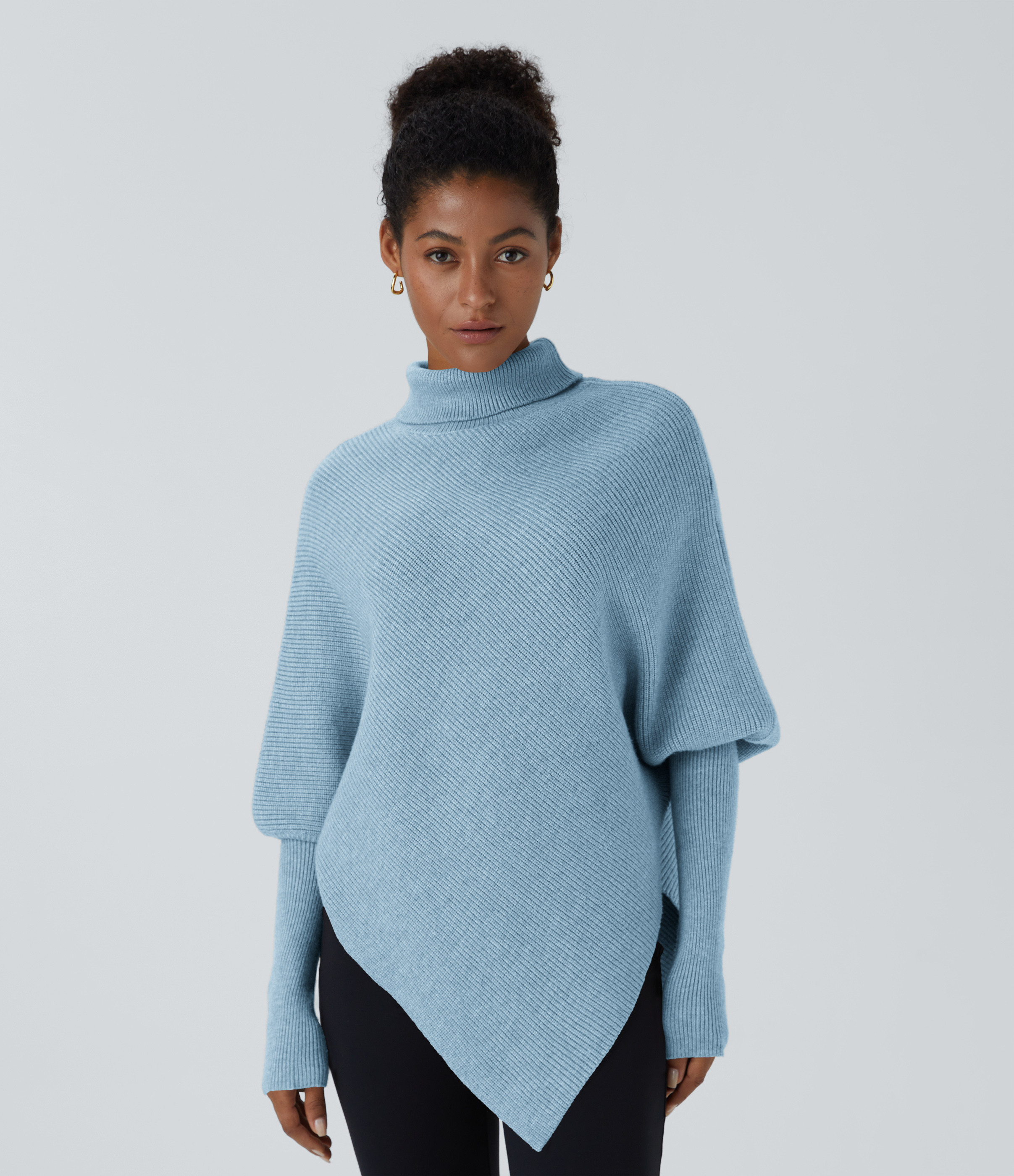 Halara High Neck Long Sleeve Asymmetric Hem Work Sweater - Cool Blue - M | HALARA