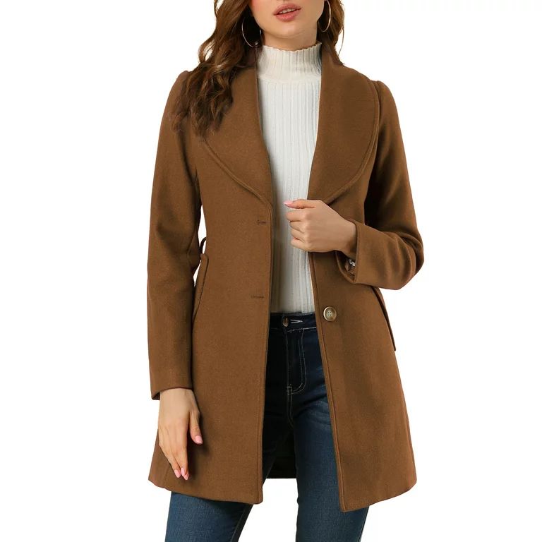 Unique Bargains Women's Rounded Shawl Collar Slim Single Breasted Belted Coat | Walmart (US)
