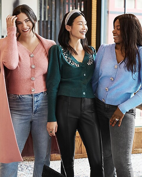 Jewel Embellished Faux Button Puff Sleeve Sweater | Express