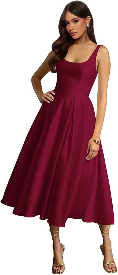 Satin Prom Dresses Long Tea Length A-Line Formal Party Evening Gown with Pockets | Amazon (US)