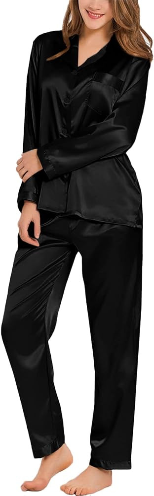 SWOMOG Long Sleeve Pajamas Set Silk Satin Sleepwear Button Down Pjs Loungewear with Pocket | Amazon (US)
