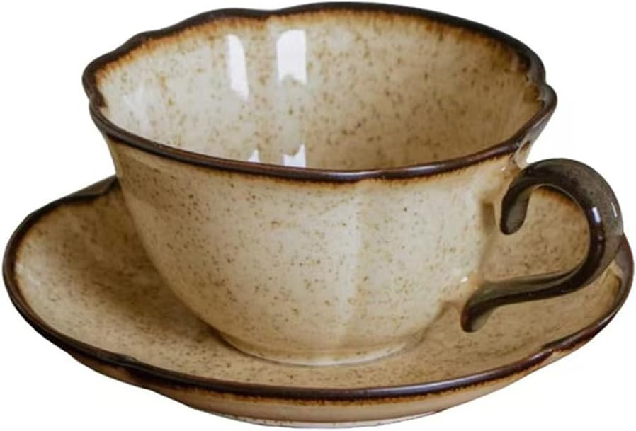 Ceramic Coffee Cup and Saucer Set – 10oz Caramel Kiln-Glazed Ceramic Teacup with Saucer, Vintag... | Amazon (US)