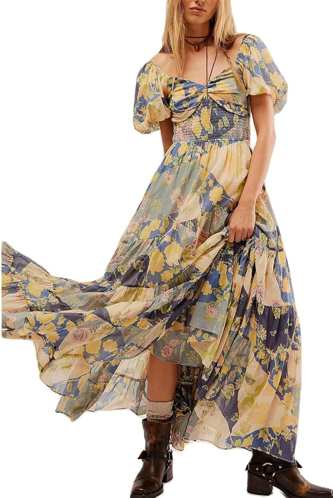 Women Bohemian Embroidered Floral Dress 2024 Casual Puff Long Sleeve Maxi Dresses Boho Flowy Ruff... | Amazon (US)