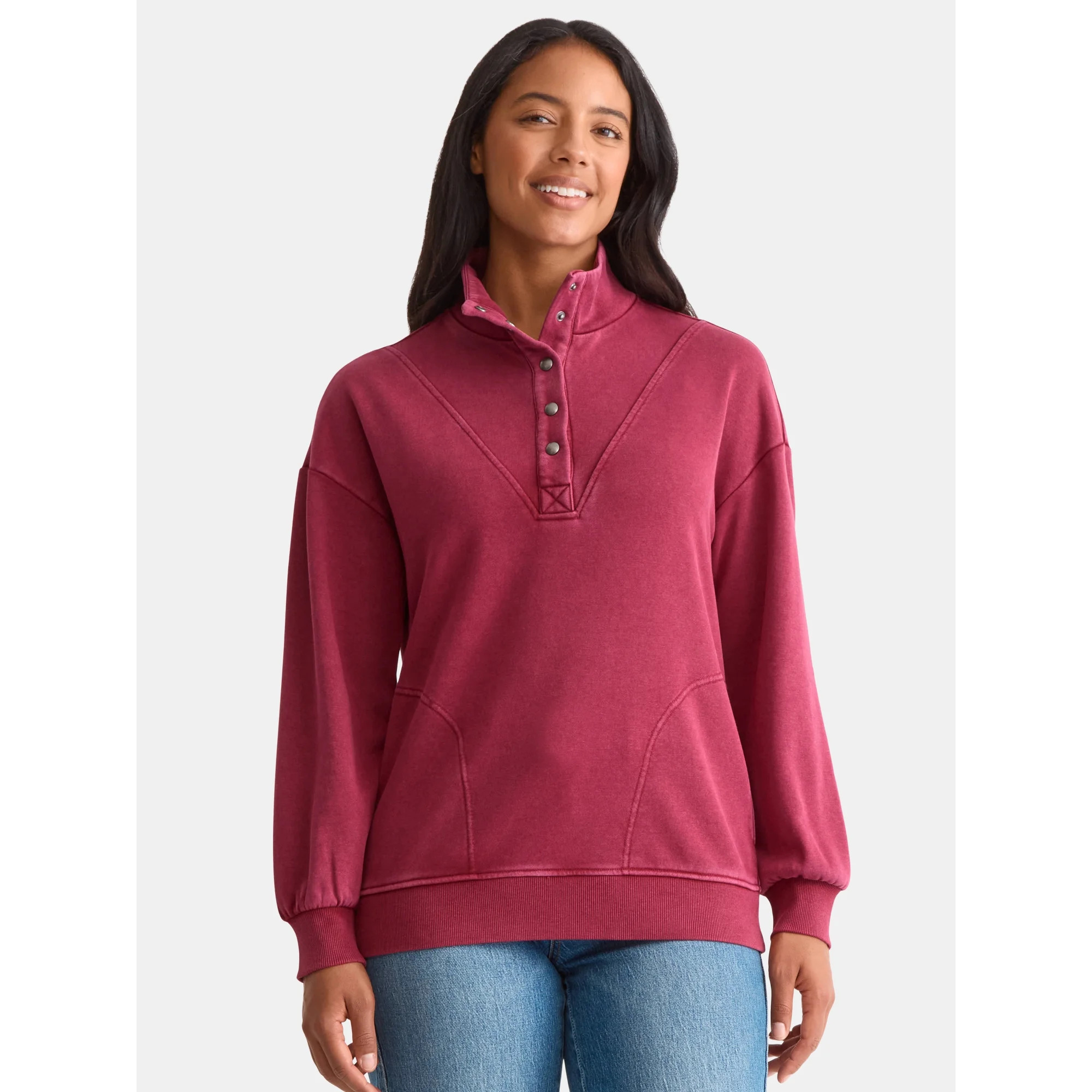 Time and Tru Women's Fashion Terry Snap Sweatshirt, Sizes XS-XXXL | Walmart (US)