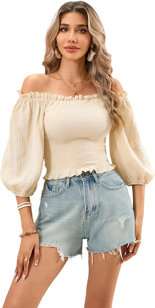 R.Vivimos Women's Summer Cotton Short Sleeves Off The Shoulder Crop Tops Ruffle Slim Blouses | Amazon (US)