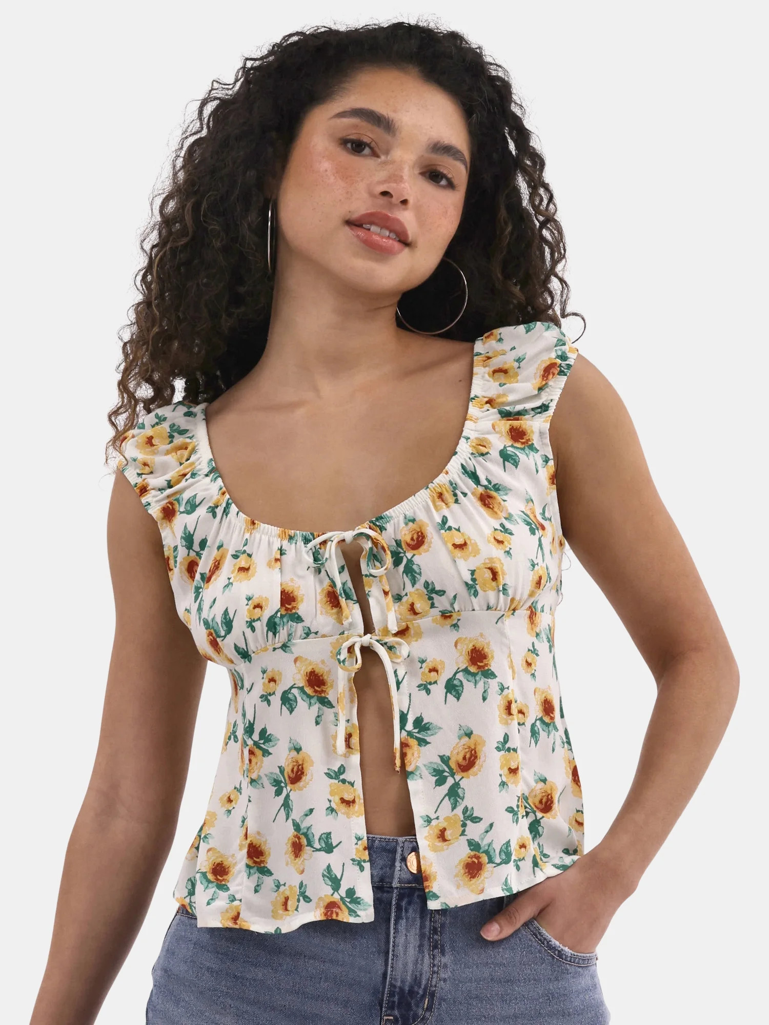 No Boundaries Tie Front Peasant Top, Women's | Walmart (US)