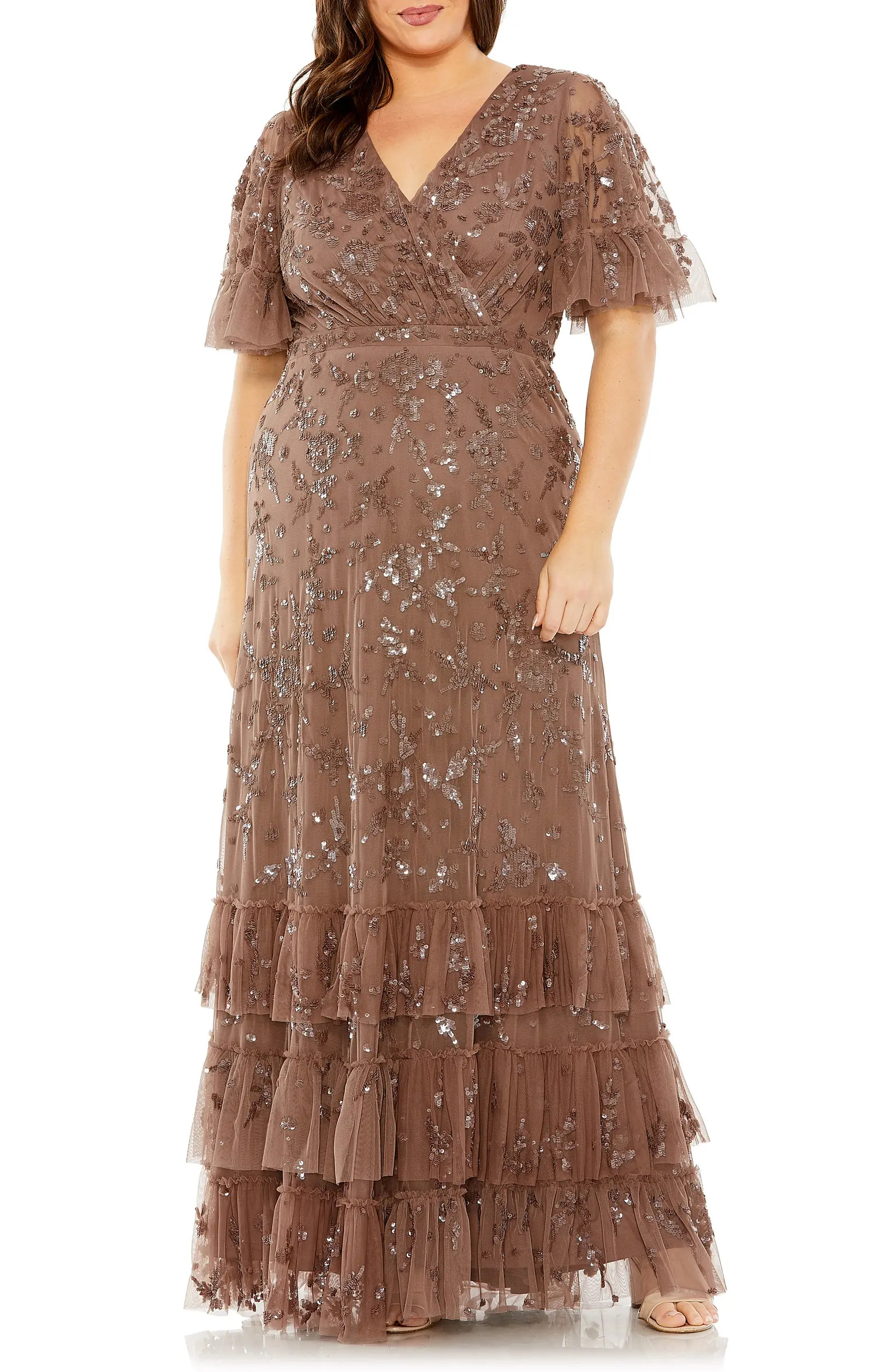 Sequin Floral Flutter Sleeve Gown | Nordstrom