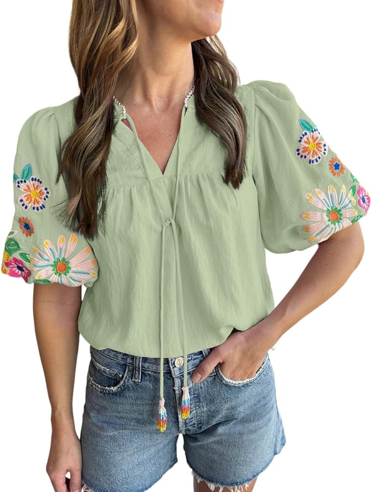 Ecosunny Women's Boho Embroidered Tops V Neck Floral Short Puff Sleeve Casual Shirts Loose Tunic ... | Amazon (US)
