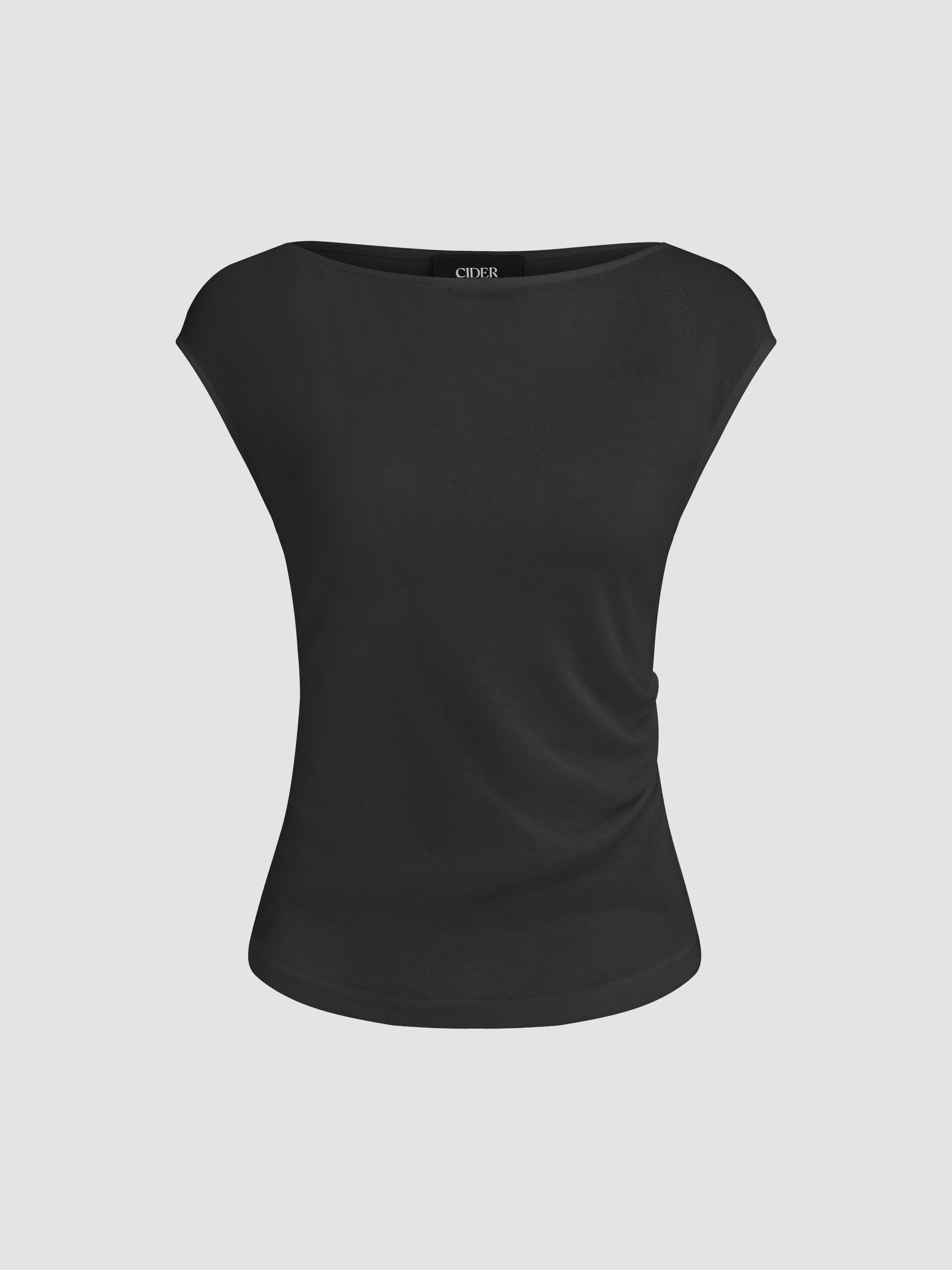 Knit Fabric Boat Neck Solid Ruched Short Sleeve Top For School Daily Casual | Cider