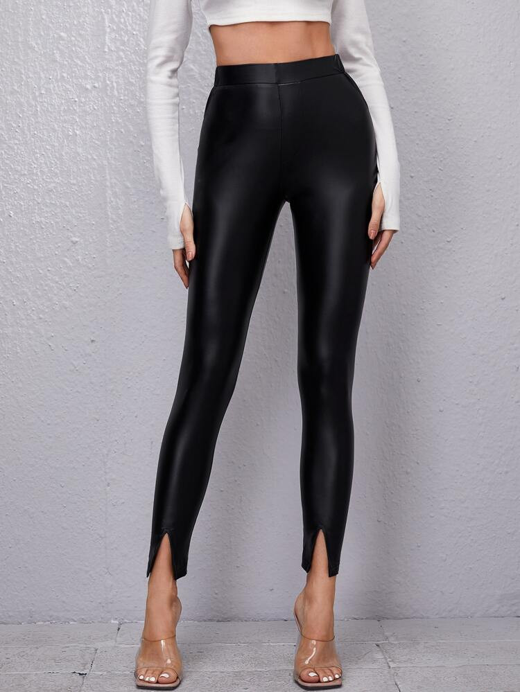 PU Leather Split Cuff Solid Leggings | SHEIN