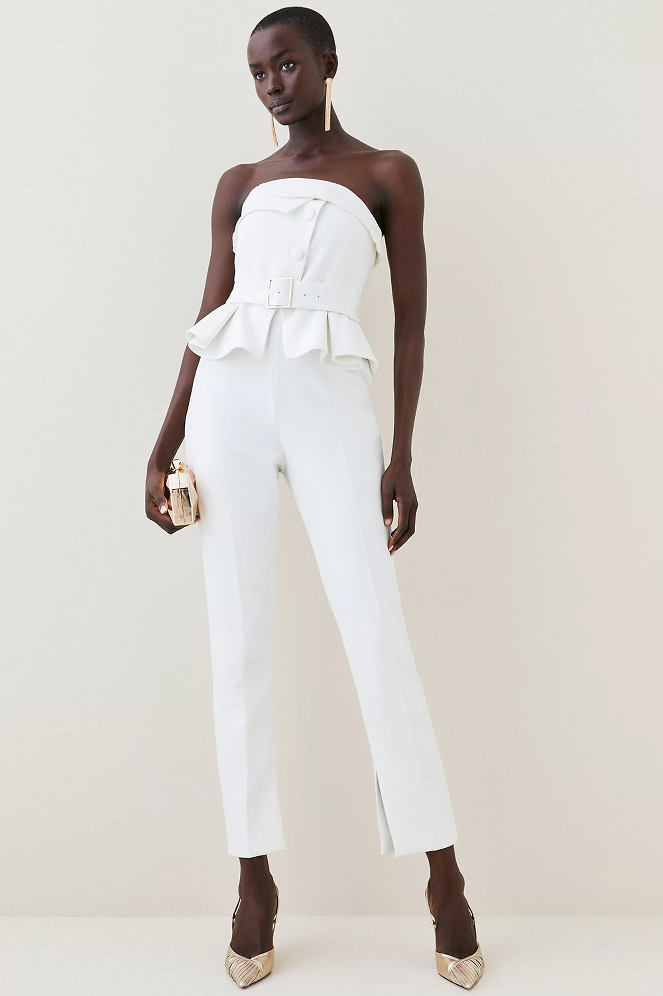Compact Stretch Peplum Jumpsuit | Karen Millen US