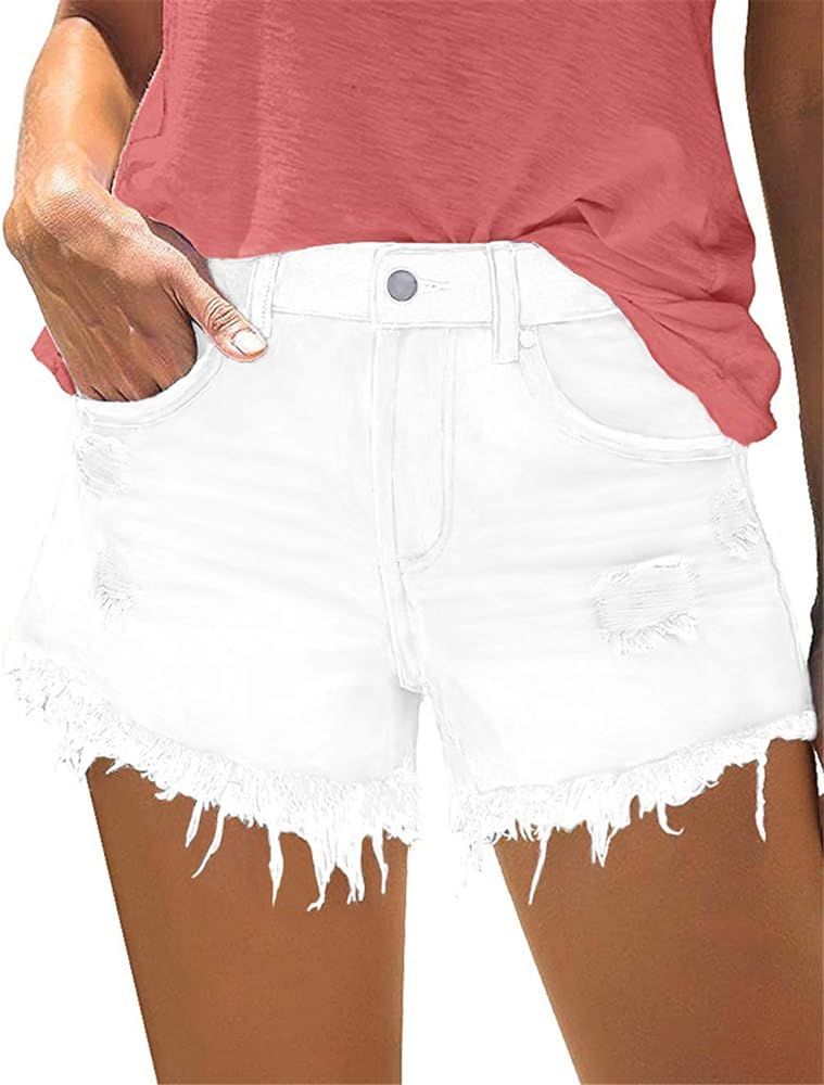 MODARANI Womens Cut Off Denim Short Frayed Distressed Jean Short Cute Mid Rise Ripped Hot Shorts ... | Amazon (US)