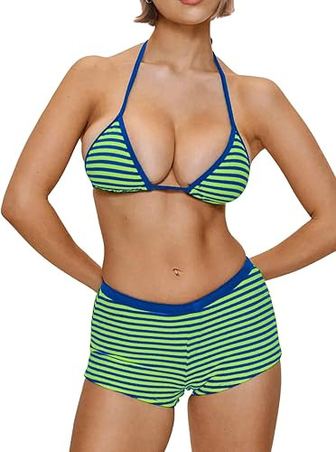MakeMeChic Women's Bikini with Shorts Striped Bikini Set Halter Triangle Tie Backless Y2K Swimsui... | Amazon (US)