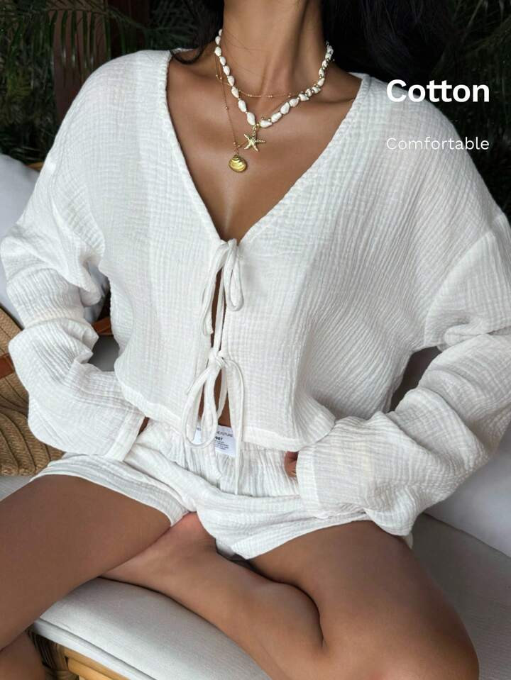 Muchica Weißes Gewebtes Damen-Langarm-Shirt Mit Bindeband Vorne Und Shorts, Lässiges Set, Drop-Shoulder | SHEIN