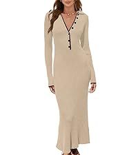 MEROKEETY Women's Long Sleeve V Neck Sweater Dress Button Ribbed Knit Slim Fit Elegant Maxi Dress... | Amazon (US)