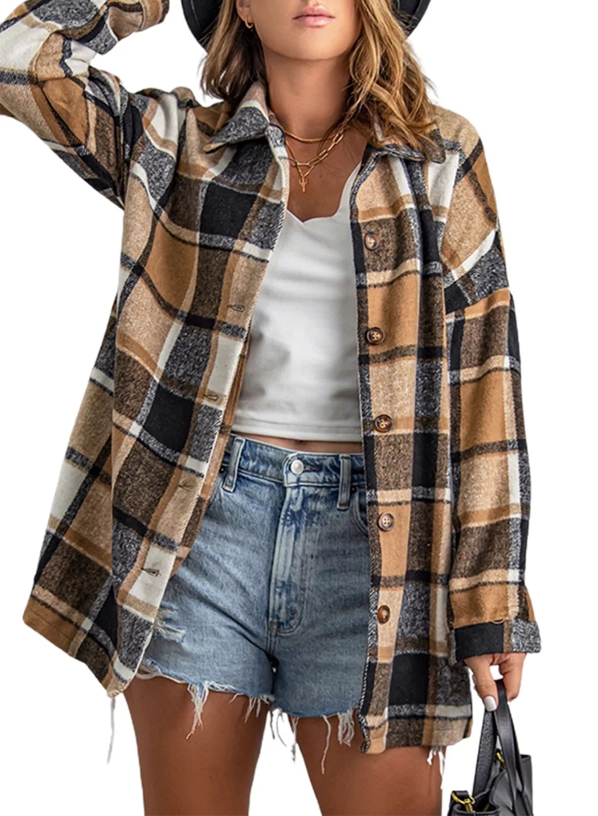 Rosfancy Women Flannel Plaid Shacket Shirts Jacket Long Sleeve Button Down Lapel Collar Coats, S-... | Walmart (US)