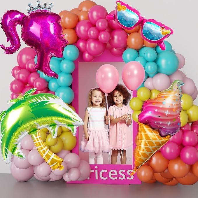 Hot Pink Blue Yellow Orange Balloon Garland Kit Crown Princess Palm Tree Summer Sunglasses Tropic... | Amazon (US)