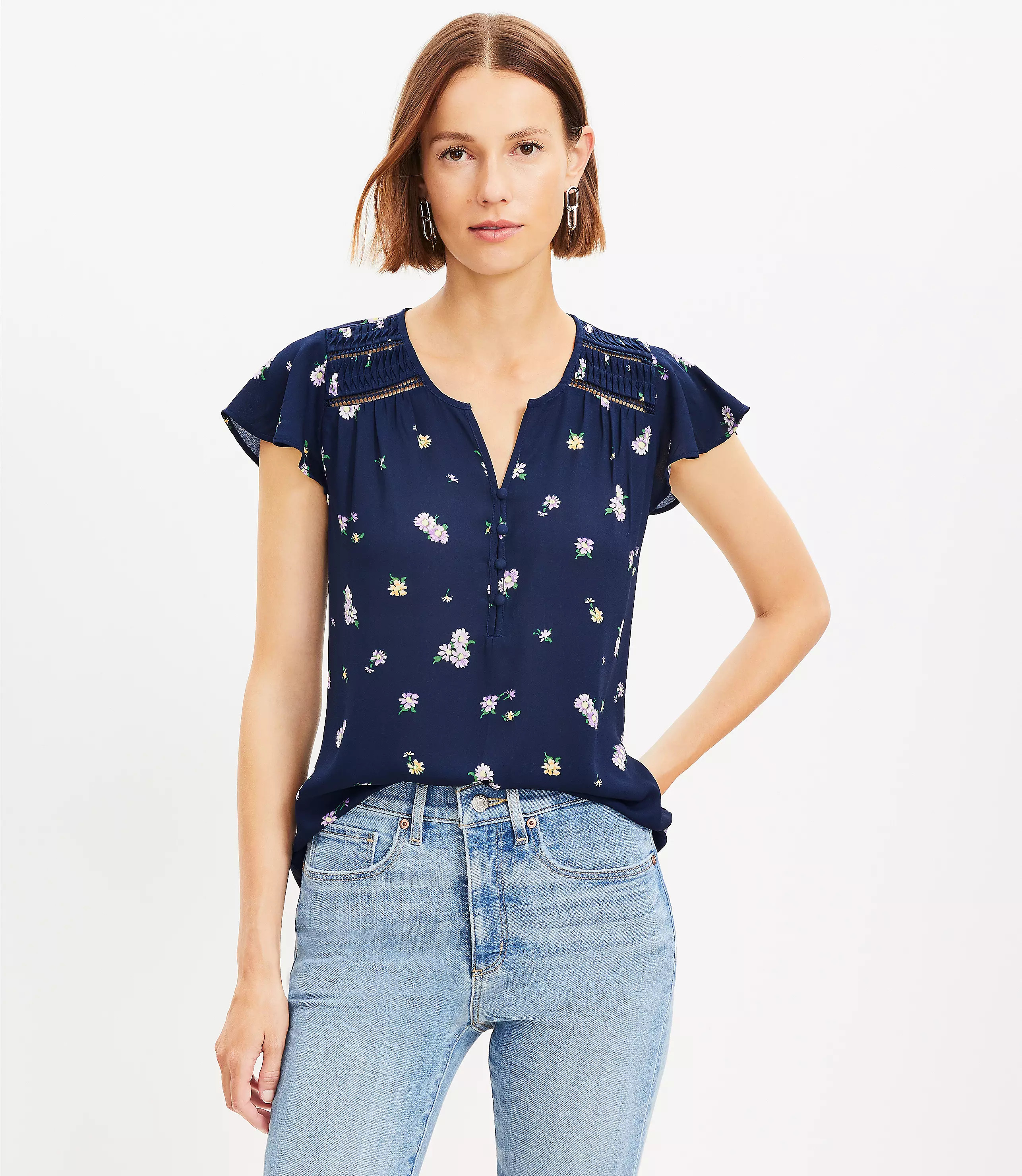 Daisy Lace Trim Mixed Media Henley Top | LOFT