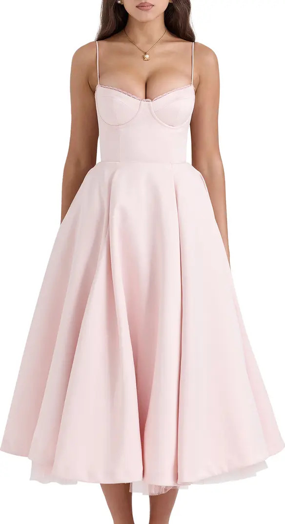 Mademoiselle Bustier Stretch Satin Midi Dress | Nordstrom