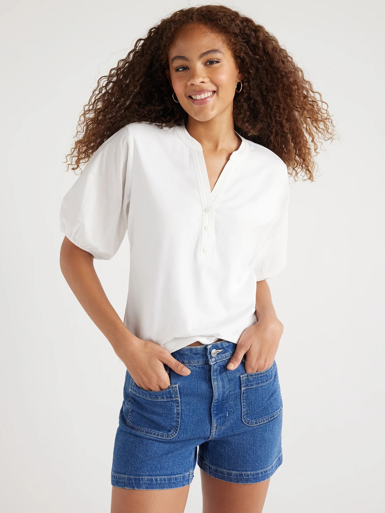 Free Assembly Women’s Henley Tee with Short Puff Sleeves, Sizes XS-XXL | Walmart (US)