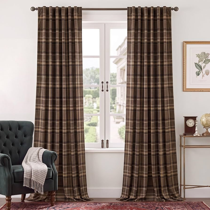 StangH Mocha Brown Boho Plaid Velvet Curtains Tartan, W52 x L96, 2 Panels | Amazon (US)