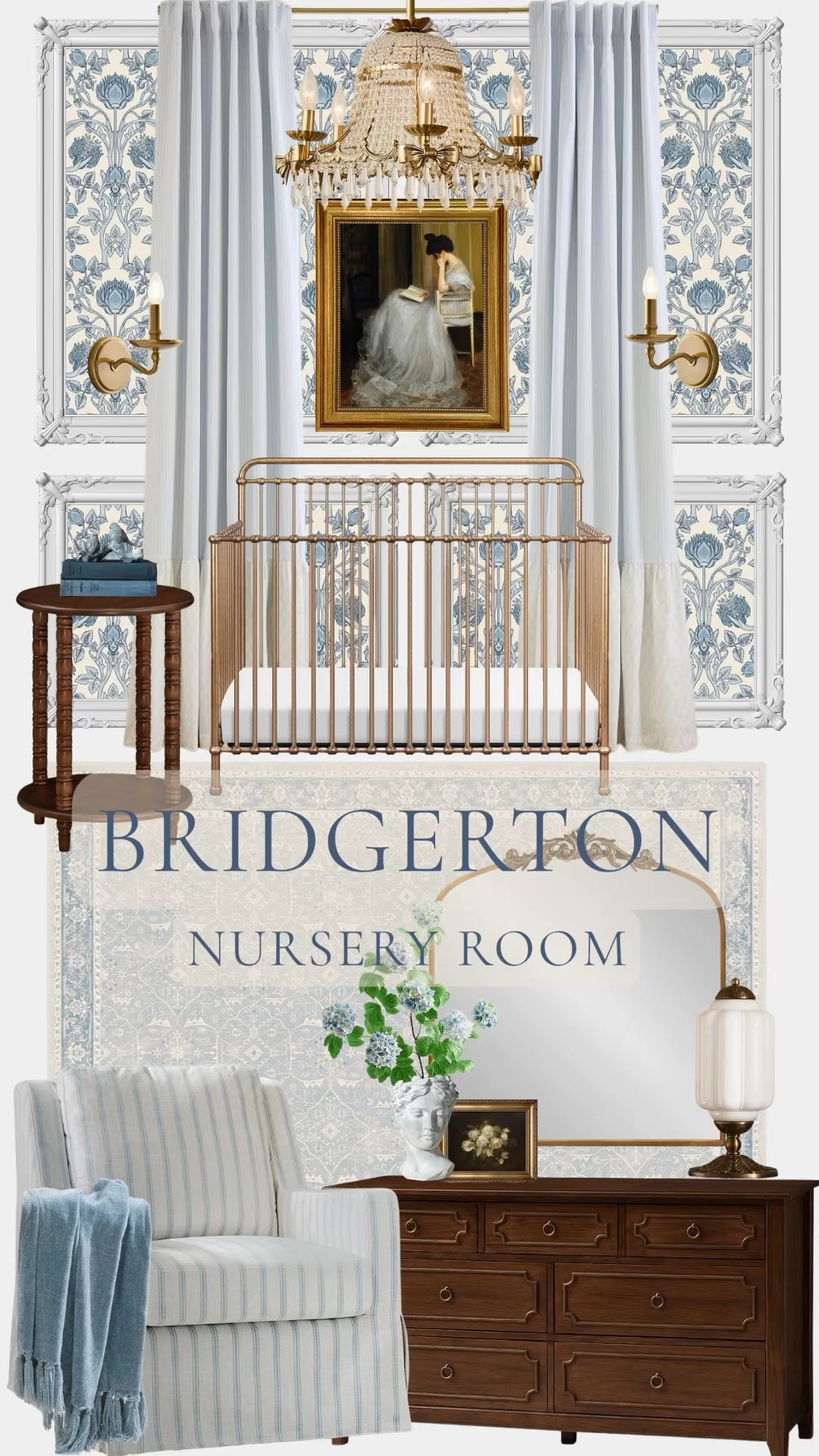 A nursery inspired by the iconic Bridgerton blue drawing rooms 💙✨
Soft powder blues, antique brass accents, romantic lighting, and timeless details come together to create a classic yet cozy space fit for the tiniest member of the Ton.

Perfect for anyone dreaming of a romantic, storybook nursery with timeless charm.

bridgerton nursery, blue nursery ideas, classic nursery design, romantic nursery decor, vintage inspired nursery, baby room inspiration, timeless nursery, elegant nursery, traditional nursery design, baby girl nursery ideas, regency inspired decor, nursery moodboard

#LTKbaby #LTKhome #LTKbump