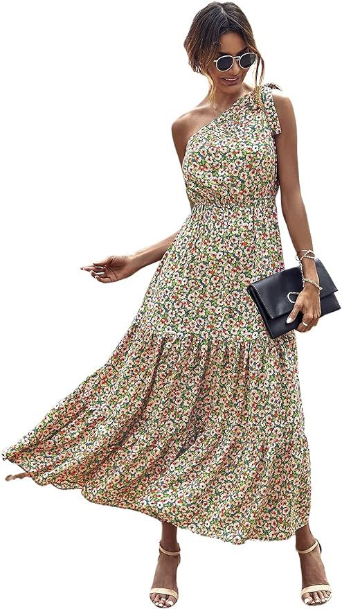Floerns Women's Floral Print Knot One Shoulder Sleeveless Ruffle Hem Maxi Dress | Amazon (US)