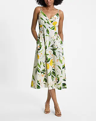 Lemon Floral Sleeveless V-Neck Ruched Midi Dress | Express