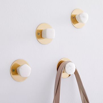 White Marble & Brass Wall Hooks (Set of 4) | West Elm (US)