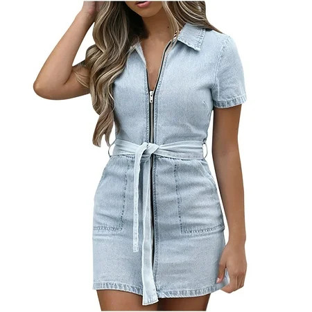Denim Dresses for Women Zip up Lapel Slim Fitted Mini Dress Short Sleeve Tie Waist Streetwear Dress  | Walmart (US)