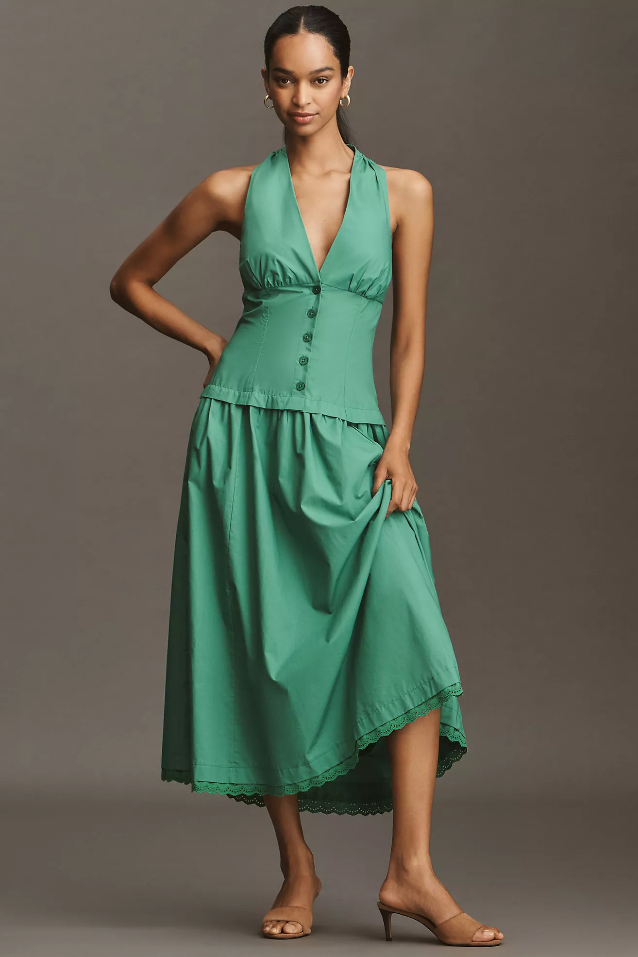 Maeve Halter V-Neck Drop-Waist Midi Dress | Anthropologie (US)