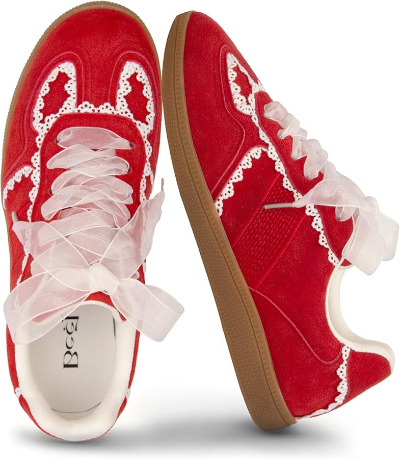 Casual Sneakers for Women Lace Detail – Elegant Ribbon Lace-Up Fashion Sneakers with Leather Up... | Amazon (US)