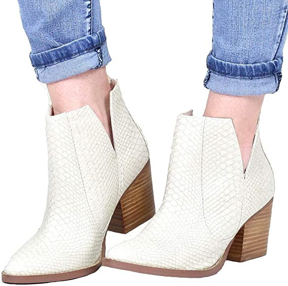 Womens Ankle Boots Slip on Cutout Pointed Toe Snakeskin Chunky Stacked Mid Heel Booties | Amazon (US)