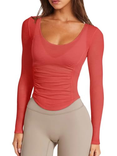LASLULU Womens Active Long Sleeve Workout Tops Semi Mesh Sheer See Through Scoop Neck Tight Athletic Compression Yoga Gym Running Shirts Exercise Tops Cutout (Orange Red, Medium) | Amazon (US)