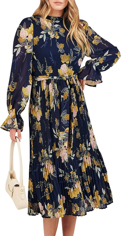 ANRABESS Women's Floral Midi Dress Puff Long Sleeve Casual Ruffle Chiffon A-Line Swing Pleated Be... | Amazon (US)
