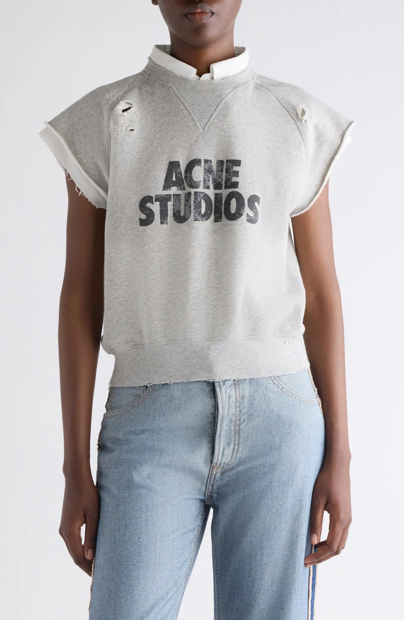 Acne Studios Mixed Media Distressed Cap Sleeve Logo Graphic Sweatshirt | Nordstrom | Nordstrom