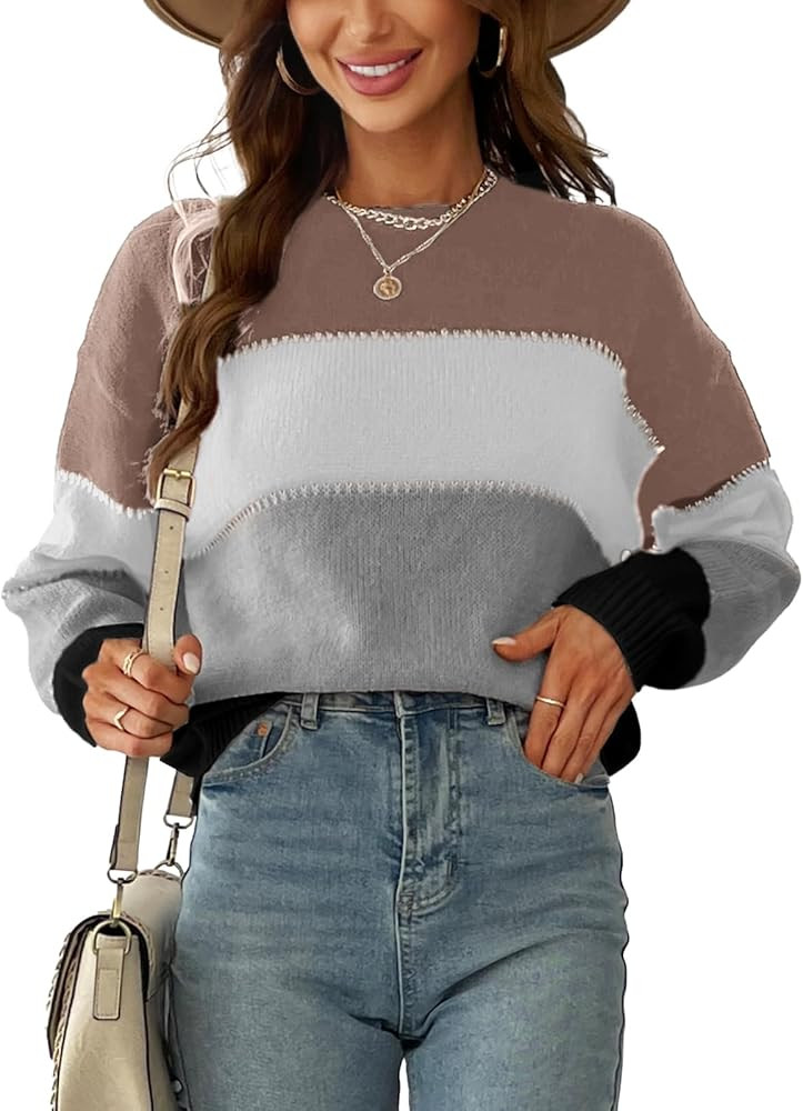 CUPSHE Women's Striped Color Block Sweater Long Sleeve Crewneck Lightweight Pullover Sweater Tops | Amazon (US)