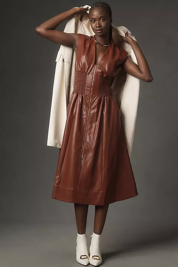 The Tommie Cap-Sleeve Smocked Front-Zip Shirt Dress: Faux-Leather Edition | Anthropologie (US)