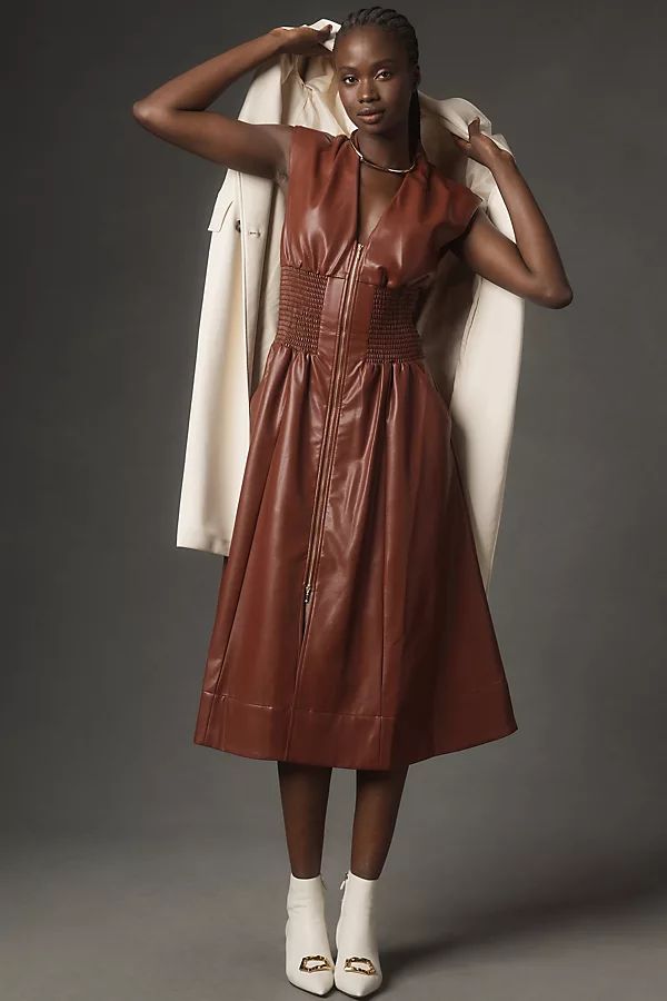 Maeve Cap-Sleeve Faux Leather Smocked Midi Dress | Anthropologie (US)