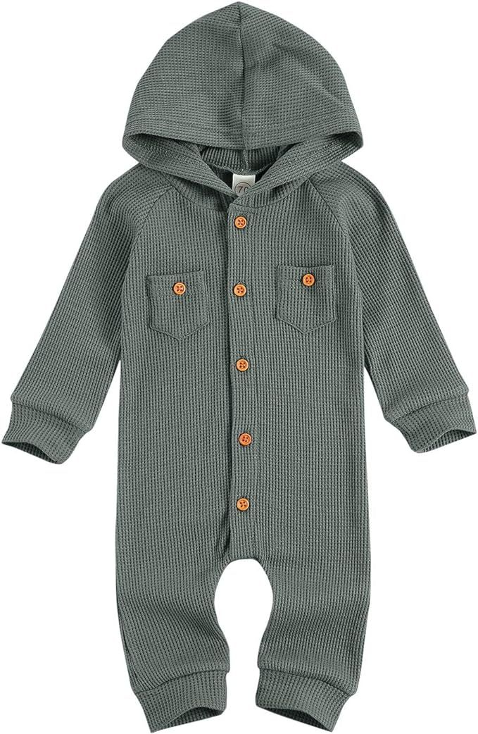 Winter Newborn Baby Boy Girl Solid Romper Unisex Infants Hooded Outfit Clothes Waffle Cotton Butt... | Amazon (US)