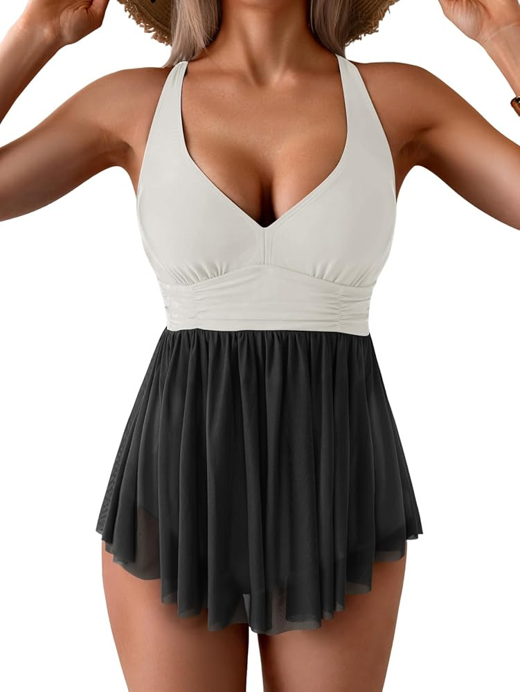 Aidonger Women's One Piece Swim Dress Swimsuit Tummy Control Mesh Swimdress V Neck Bathing Suit S... | Amazon (US)