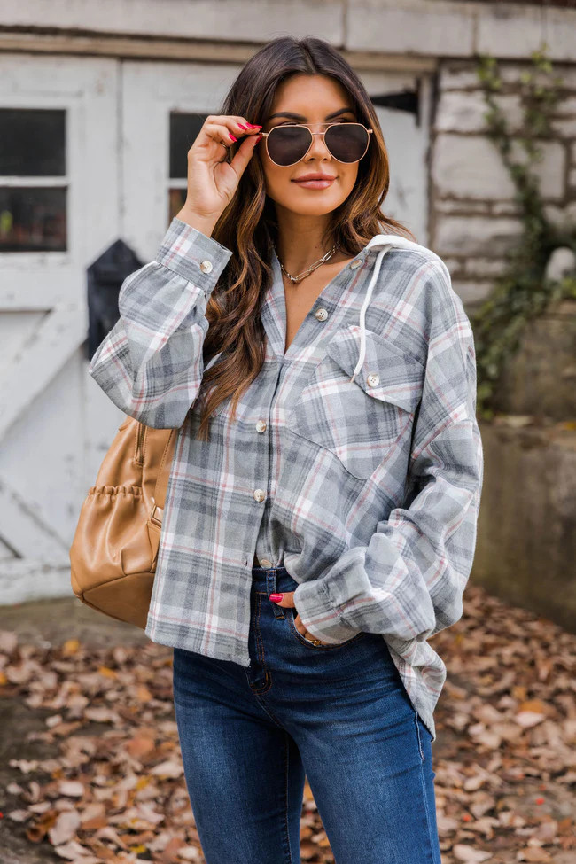 Found Reality Olive Hooded Plaid Flannel Blouse | The Pink Lily Boutique