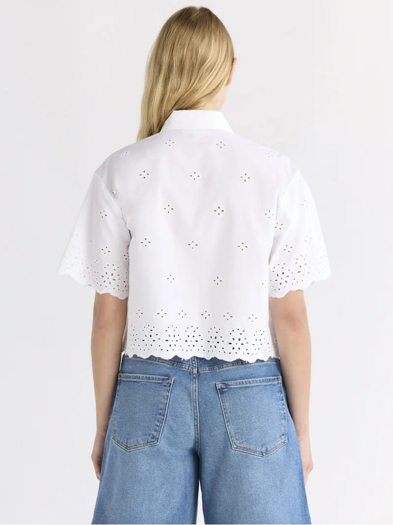 Free Assembly Women's and Women's Plus Cropped Cotton Eyelet Shirt, Sizes XS-4X | Walmart (US)