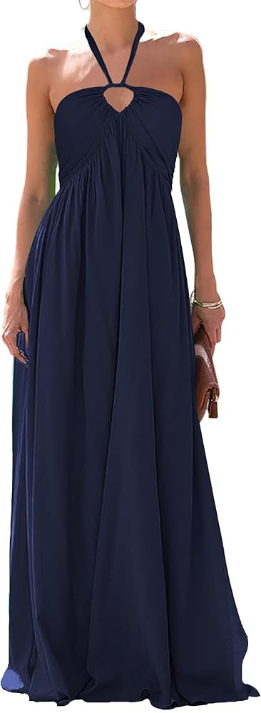 Maxi Dresses for Women Sexy Halter V Neck Backless Smocked High Waisted A Line Beach Vacation Sun... | Amazon (US)